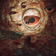 Mutant eyes grown out of a fleshy wall, with our kitten stood in front of the horror.